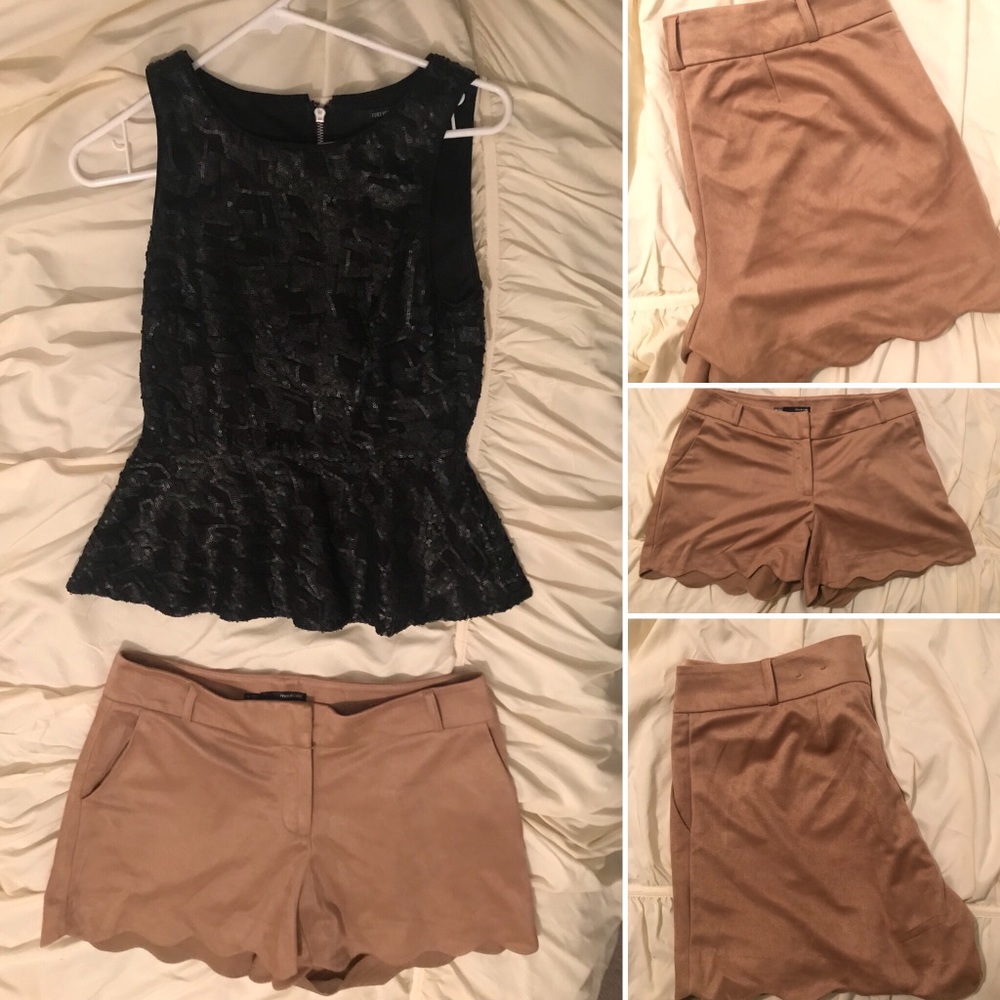 Scalloped faux suede mid-rise shorts